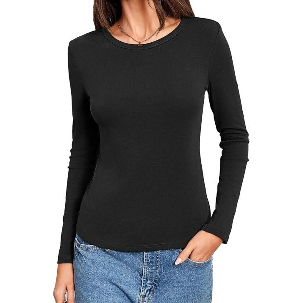 Womens Black Long Sleeve Top, Crew Neck, Basic Soft Tee Shirt Small